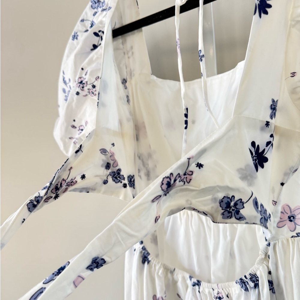 WAYF White Blue Floral Puff Sleeve Tie Back Midi Dress XS - Picture 14 of 15